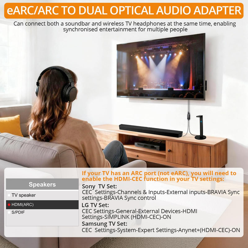 Neoteck HDMI ARC Audio to Dual Optical Extractor, ARC/eARC Audio Extractor | with 1-in-2-out, Supports PCM 2.0, Dolby 5.1, DTS 5.1, 24bit/192kHz, Plug and Play for TV, Home Cinema & Legacy Audio Systems Dual-fiber interface output