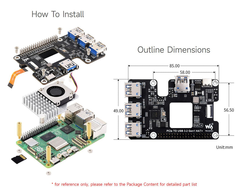 Waveshare PCIe to USB 3.2 Gen1 HAT for Raspberry Pi 5, PCIe to USB HUB, 4X High Speed USB Ports, No Driver Required, Plug and Play, HAT + Standard