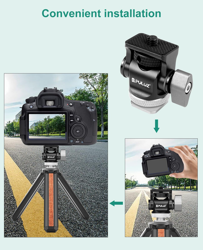 PULUZ Mini Camera Monitor Mount with Cold Shoe, Mount Adapter with 1/4" Screw 360° Swivel & Adjustable 180° Tilt Damping for Monitors, Video Recorders, Cameras and Other Equipment(Silver) Silver, Black