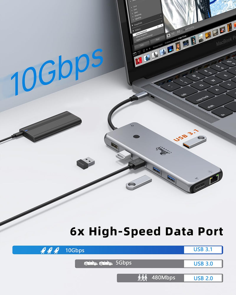 Docking Station Dual Monitor 4K HDMI 13-in-1 USB C Hub for Laptop MacBook | LIONWEI Triple 4K, Dual HDMI+DP, 10Gbps, 100W PD, Ethernet, 8 USB C/A Ports, Switching Mode Botton, Audio, for Dell,HP,Lenovo 13-in-1 Docking Station (USB C)