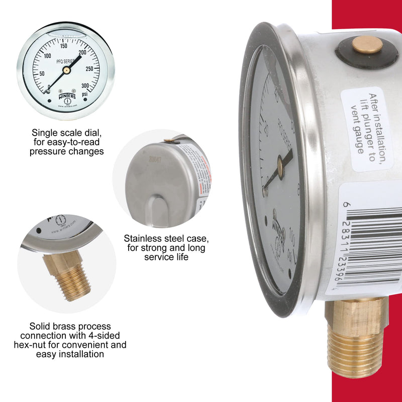 Winters 2-1/2" Dial Size, Liquid Filled Industrial Pressure Gauge, Brass Internals, 304 Stainless Steel Case, Single Scale 0-300 psi, 1.5% Acc, 1/4" NPT Bottom Mount, Glycerin Filled Pressure Gauge 0/300 PSI