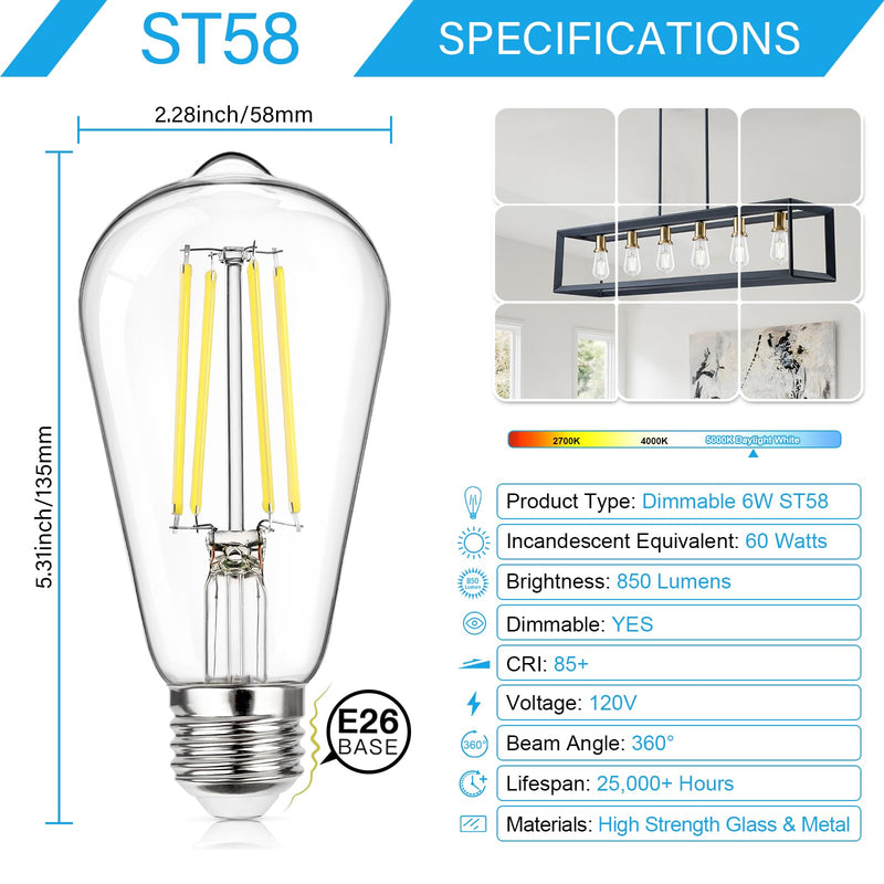MAXvolador 12-Pack Dimmable Vintage LED Edison Bulb 60W Equivalent, 6W 850Lumens Edison Light Bulbs 5000K, ST58 Antique LED Filament Bulb, E26 Base Daylight White