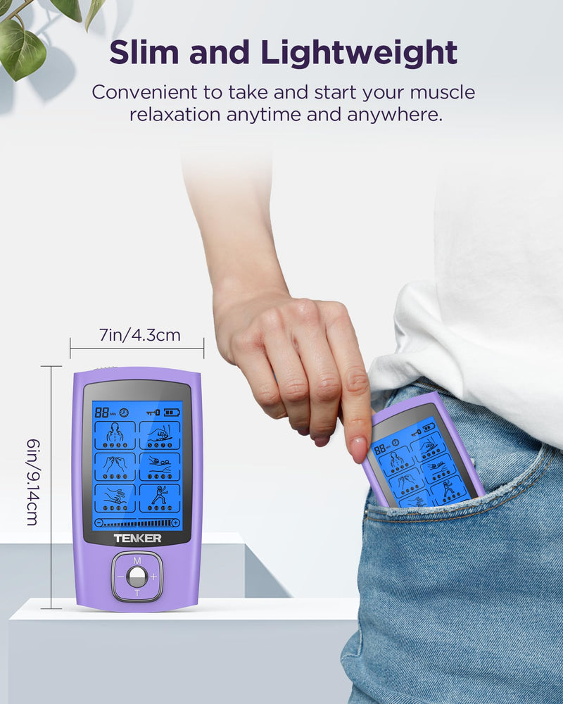 TENKER TENS Unit Muscle Stimulator, 24 Modes TENS EMS Machine for Shoulder, Sciatica, Back Pain Relief, Rechargeable Electronic Pulse Massager with 2"x2" and 2"x4" Electrode Pads A-purple
