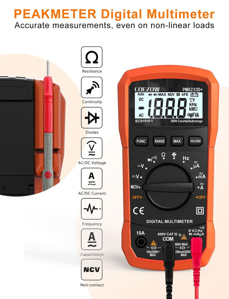 Digital Multimeter,Multimeter Tester, High Sensitivity Voltmeter Ammeter Ohmmeter NCV Circuit Checker Measures AC/DC Voltage,AC/DC Current, Resistance, Diodes, Continuity, Transistor (Black) Black