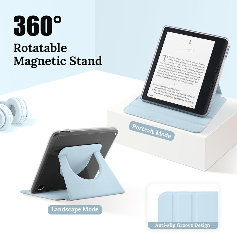 Magnetic Rotating Stand Case for 7" Kobo Libra 2 (2021) | Magnetic Detachable, Auto Wake/Sleep, Adjustable Stand, Anti-Slip Grooves, Clear PC Case, Soft TPU Edge, Light Blue 7" Kobo Libra 2 2021 Released