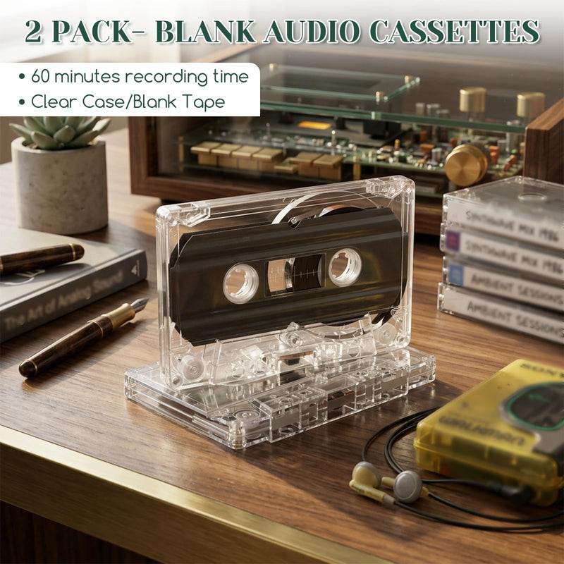 JIEYAO 2Pcs Blank Cassette Tape, 60 Minutes Blank Clear Audio Recording Tape with Plastic Storage Case for Speech Music Recording Collectors