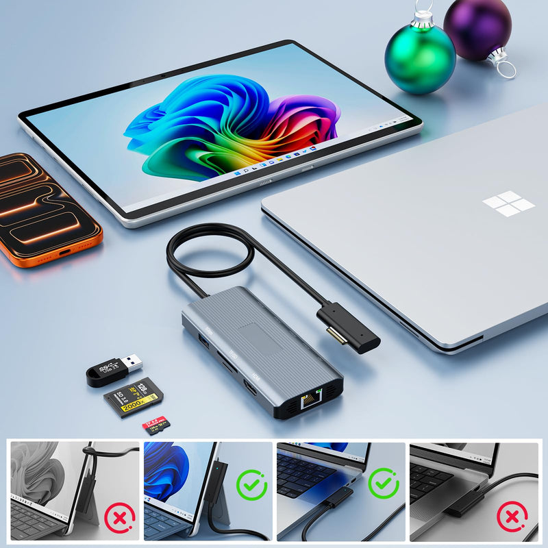 11-in-1 Surface Pro Docking Station, Surface Dock 4K@60HZ HDMI Surface Docking Station for MS Surface Pro 12/11/10/9/8/X/7/6/5/4/3, Surface Laptop 6/5/4/3/2/1, Surface Laptop Go 3/2/1, Surface Book Grey