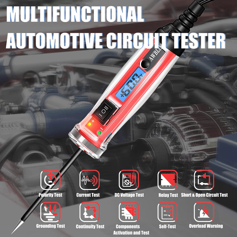 Power Circuit Probe Tester, LCD Digital Automotive Test Light with Voltage Display&Illumination, DC Voltage Tester, Electrical System Tool, Relay Fuse Continuity Current Test.