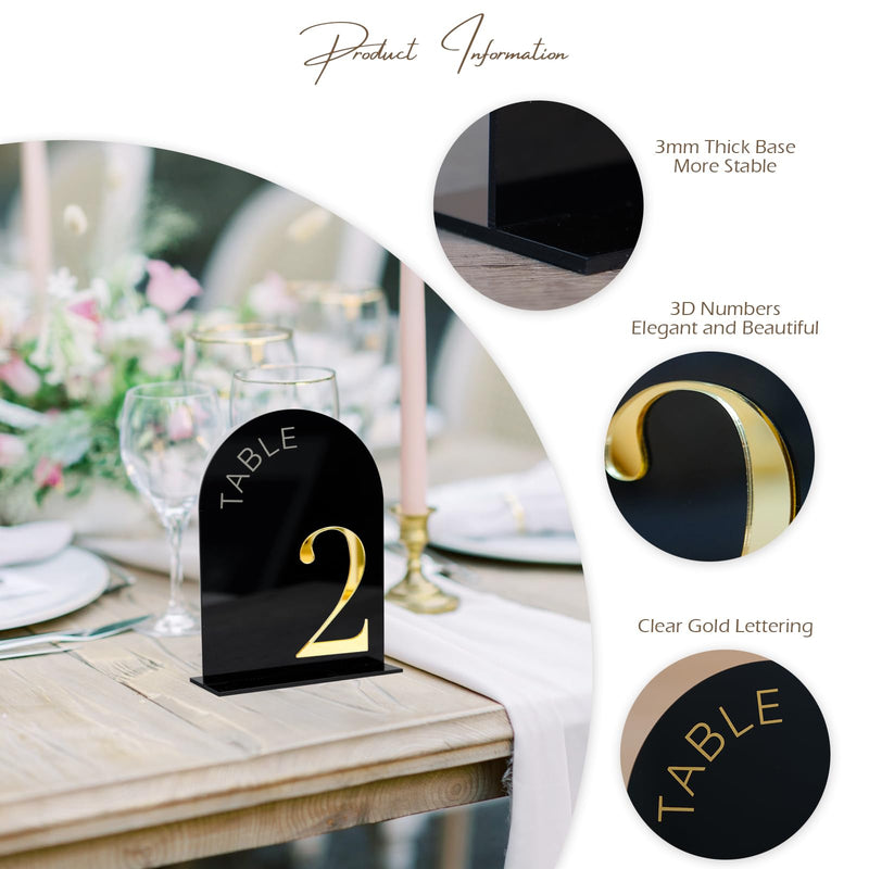 Black Arch Wedding Table Numbers 1-15 with Stand, 15 Pack 5x7 Inch Black Arch Acrylic Sign with Gold Number, Black and Gold Acrylic Table Numbers for Wedding Reception(Black and Gold) Table Number 1-15, 5"x7"