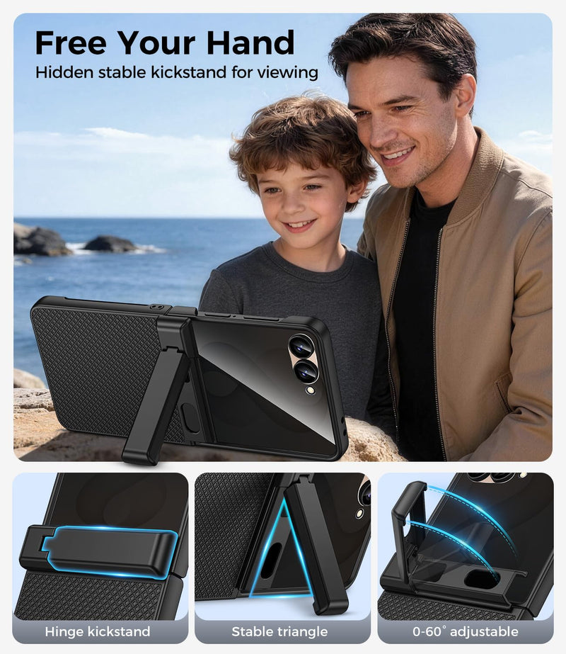 Magnetic for Samsung Galaxy Z Flip 8 Case with Hidden Kickstand, Black | with Built-in Privacy Screen Protector & Hinge Protection, Compatible with MagSafe, Shockproof Non-Slip Textured Phone Cover