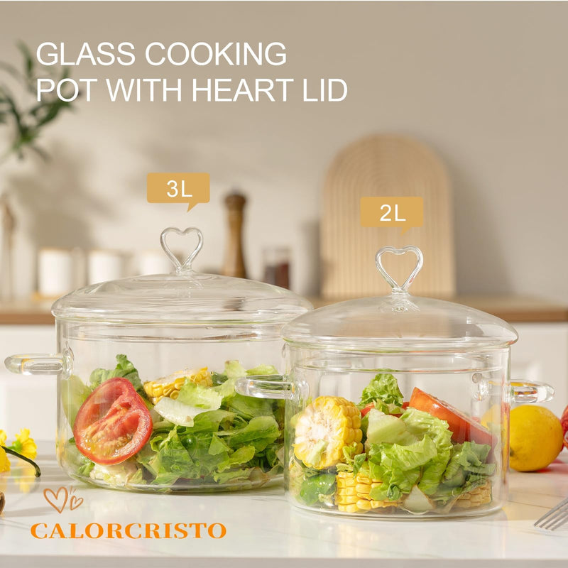 2 L Glass Cooking Pot with Lid, Simmer Pot for Stove Potpourri, Save Energy, Heat Resistant, for Water-based Recipes. Heart Shape Lid, Clear,2000ml(68oz) 2.1 Quarts