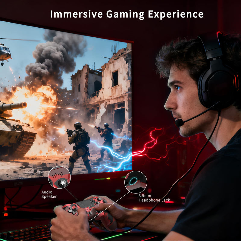 hosowe 2-Pack Wireless Controllers for PS4, Game Controllers Compatible with PS4/Pro/Slim/PC, Dual Vibration, 6-Axis Gyro Sensor, Touch Panel, Built-in Speaker & Headphone Jack, Camouflage Red & Blue Camo Red& Blue