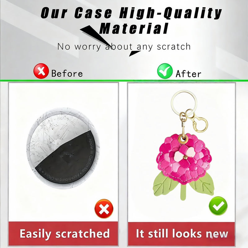 Leather Keychain Case Compatible with AirTag, Shockproof Anti‑Lost Tracker Protective Cover with Key Ring for Daily Use (Red Hydrangea) Red hydrangea