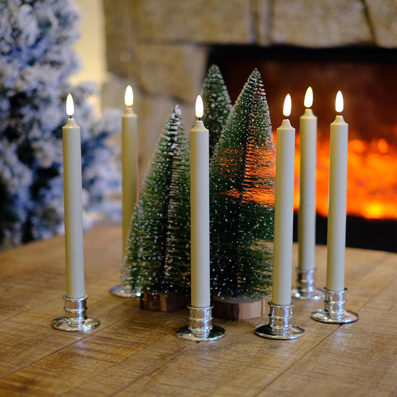 6 Pack LED Windows Candles with 12 AA Batteries(Include,Run More Than 400 Hours) + 6 Silver Removable Candlesticks + 6 Suction Cup,10'' Ivory Flameless Battery Taper Window Candle Light with Remote 6Pack/10''/Silver Candlestick