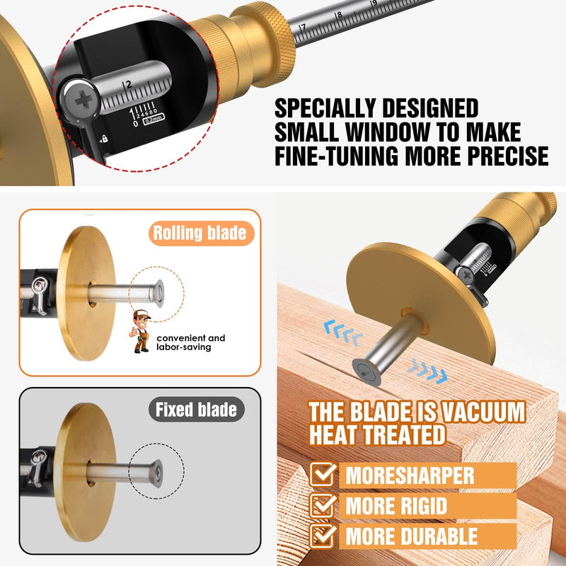 Wheel marking gauge, solid brass marking tool, 0.2mm fine adjustment, draws precise lines, latest roller blade design, an excellent value for everyday carpentry work(Rollable Blade) Rollable Blade marking gauge