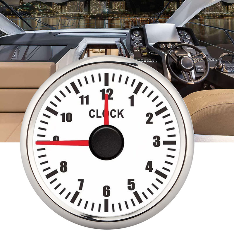 Dashboard Time Clock, 2in Universal 0-12 Hourmeter Clock Instrument Panel Gauges Display Red Backlight 12V/24V for Car Boat Yacht (White Dial Silver Frame)