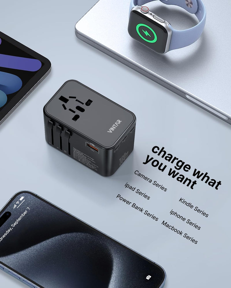 Universal Travel Adapter, VINTAR 100W GaN International Power Adapter with 3 USB C PD and 1 USB A QC, All in One Plug Adapter, Travel Adapter Worldwide for EU/UK/USA/AUS(Type C/G/A/I) 100W-Black