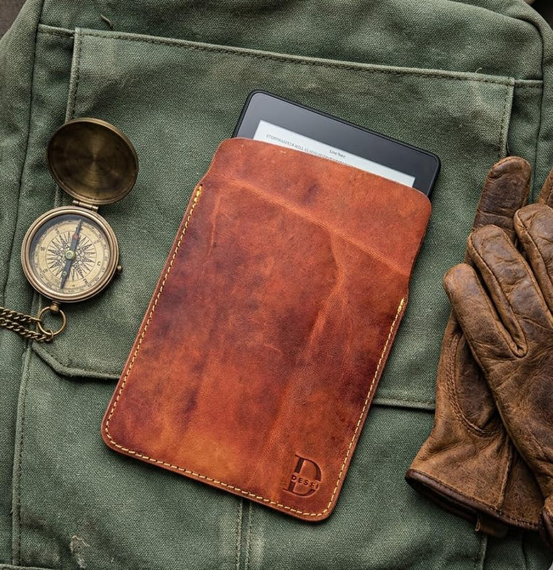 Dessi Handmade Crazy Horse Full Grain Leather Slim Sleeve Case for Standard Kindle Paperwhite (Not 2024), iPad mini, Kobo Ereader, Moleskine Pocket Journal, Field Notes - 8 Inch Travel Pouch Cover