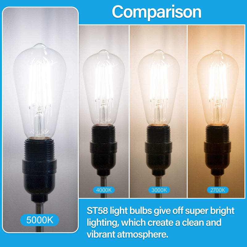 MAXvolador 12 Pack Vintage ST58 LED Edison Light Bulbs 60W Equivalent, 800Lumens Daylight White 5000K, E26 Base LED Filament Bulb 6W, Non-Dimmable, Clear Glass 12 Count (Pack of 1)