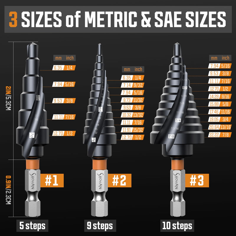3PCS Unibit Step Drill Bit Set (1/4"-7/8"), M35 Cobalt, TiAlN Coated for Superior Durability, Spiral Cone Drill for Stainless Steel, Sheet Metal, Aluminum & Plastic