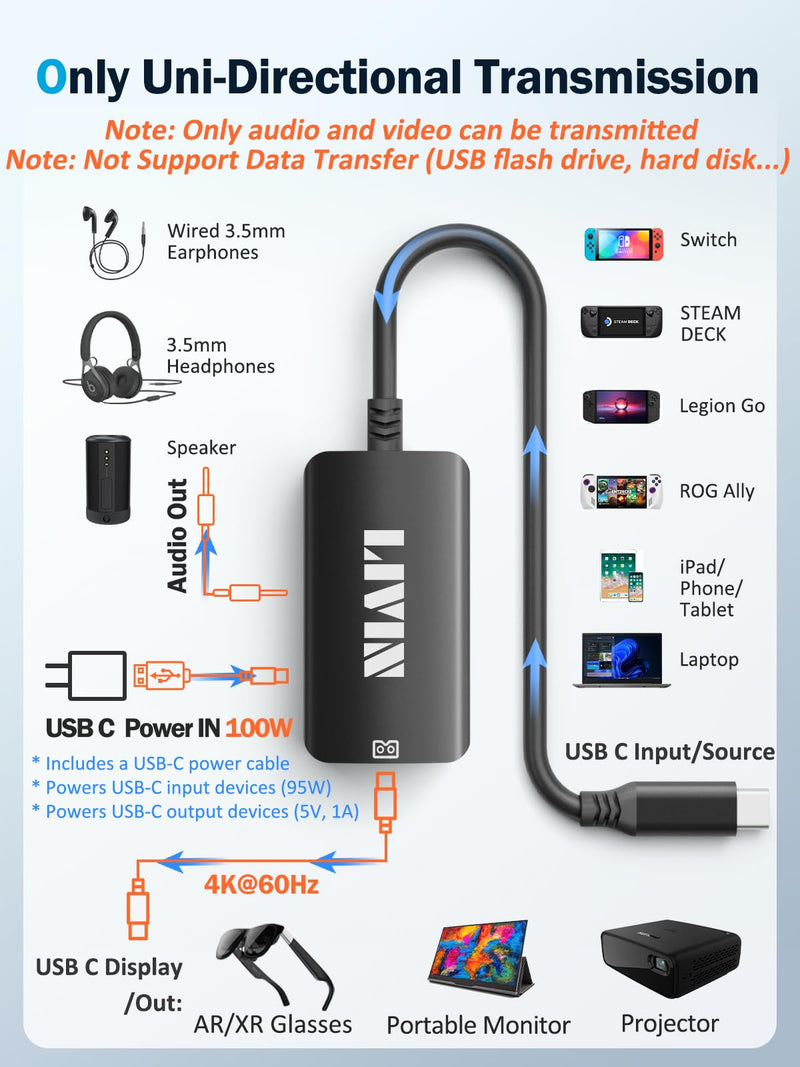 LIVIN USB C to Portable Monitor、AR Glasses XREAL One、Air 2 Pro/VITURE Pro/RayNeo Air 2s、3s/Rokid,【4K@60Hz+PD 100W+Audio 3.5mm】,USB C to Type C Adapter iPhone15/16、Android、PC、Switch、Steam Deck、Rog Ally