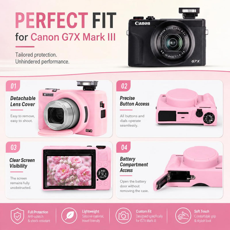 Silicone Camera Case for Canon G7X Mark III with Removable Lens Cover,BraceletWrist Strap,2 Tempered Glass Screen Protectors,Protective Travel,DailyPhotography Camera Accessories (Pink) Pink