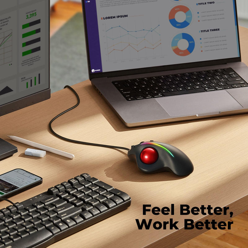 Trackball Mouse Wired, Ergonomic Comfort Design Reduces Muscle Strain, USB Plug&Play, Easy Thumb Control, Precision Tracking with 5 Adjustable DPI, RGB Rollerball Mouse Compatible for PC, Mac, Windows C-Red