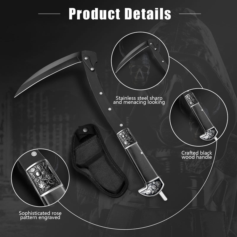 Black Sharp Folding Sickle Knife, Two Section Foldable Scythe Knife, Wooden Handle Folding Scythe Tool with Sophisticated Rose Pattern, Folding Kama Collection with Sheath