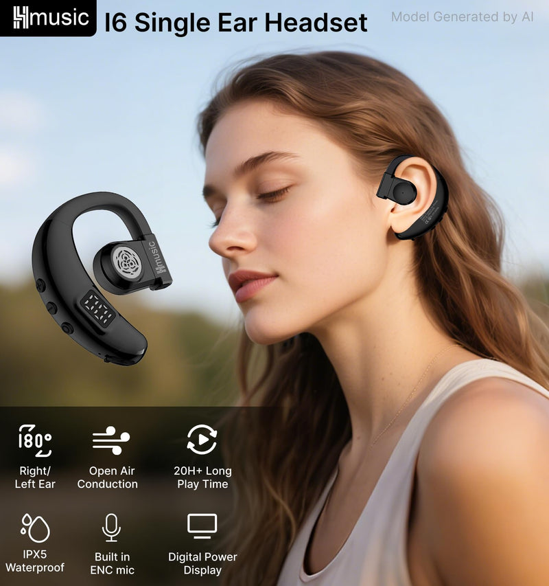 Hmusic I6 Bluetooth Earpiece – Single Ear Headset with ENC Mic, Bluetooth 5.4, 20H Battery with LED Power Display, 180° Rotatable Wireless Headset for Work, Driving & Office Calls | 180° Rotatable Earbud, ENC Mic, 20H Battery with LED Power Display, Mo...