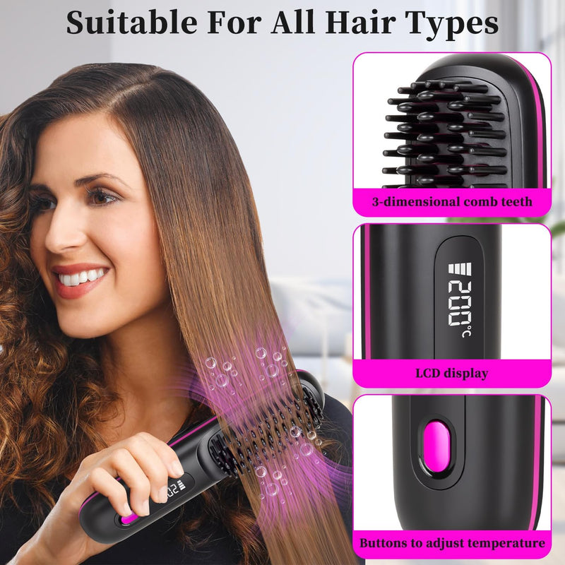 Glow Wave Heated Brush, Go Brush Pro Cordless Straightener, 2026 Glow Wave Heated Brushs for Short Hair, 3 Heat Settings & LED Screen for Travel and Frizz-Free Styling,1PCS (Black)