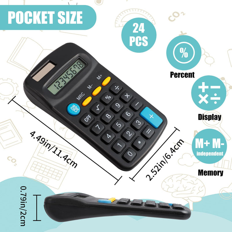 24 Pieces Pocket Size Mini Calculators,Pocket Calculator,Solar Battery Dual Power Desktop Calculators,8 Digit Display Basic Calculator for Students Kids Home Office(Black) Black-24Pcs