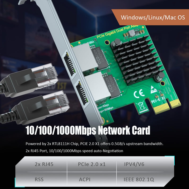 GLOTRENDS LE8102H 2-Port RJ45 Gigabit Network Card for Soft Router, NAS Link Aggregation, Network Isolation, etc