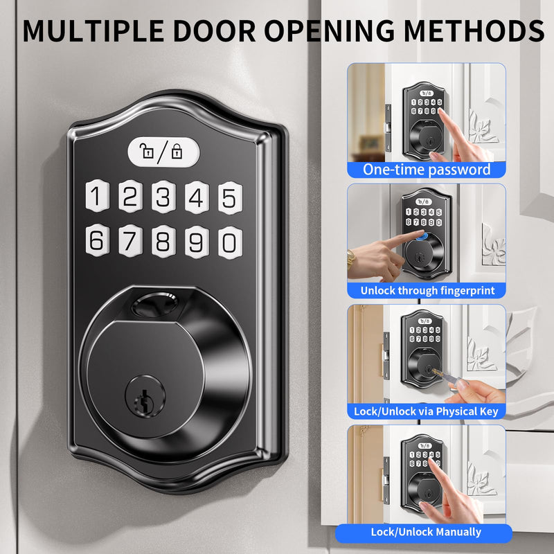 Deadbolts Lock for Front Door：Fingerprint Door Lock 0.3s Fast Unlock 100 Fingerprints 100 Codes Keyless Entry Smart Electronic Keypad Digital Auto Lock 1-99s Black