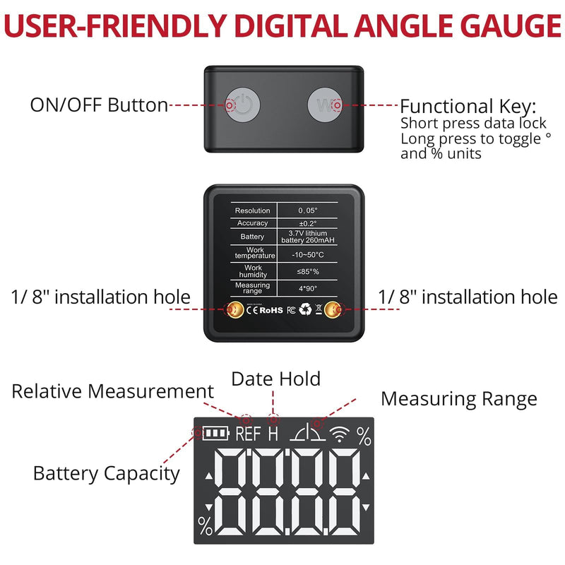 BINTA Small Digital Angle Finder Magnetic, Rechargeble IP54 Waterproof Dustproof Digital Angle Gauge Inclinometer, Portable Backlight Angle Measuring Tool for Woodworking, Construction, Machinery, DIY Black and Red