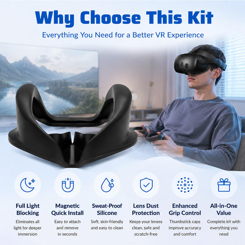 Quest Pro Light Blocker Silicone Facial Interface | Full Light Blocking(VR Accessories Kit with Lens Protective Cover, Thumbstick Caps, Cleaning Cloths)