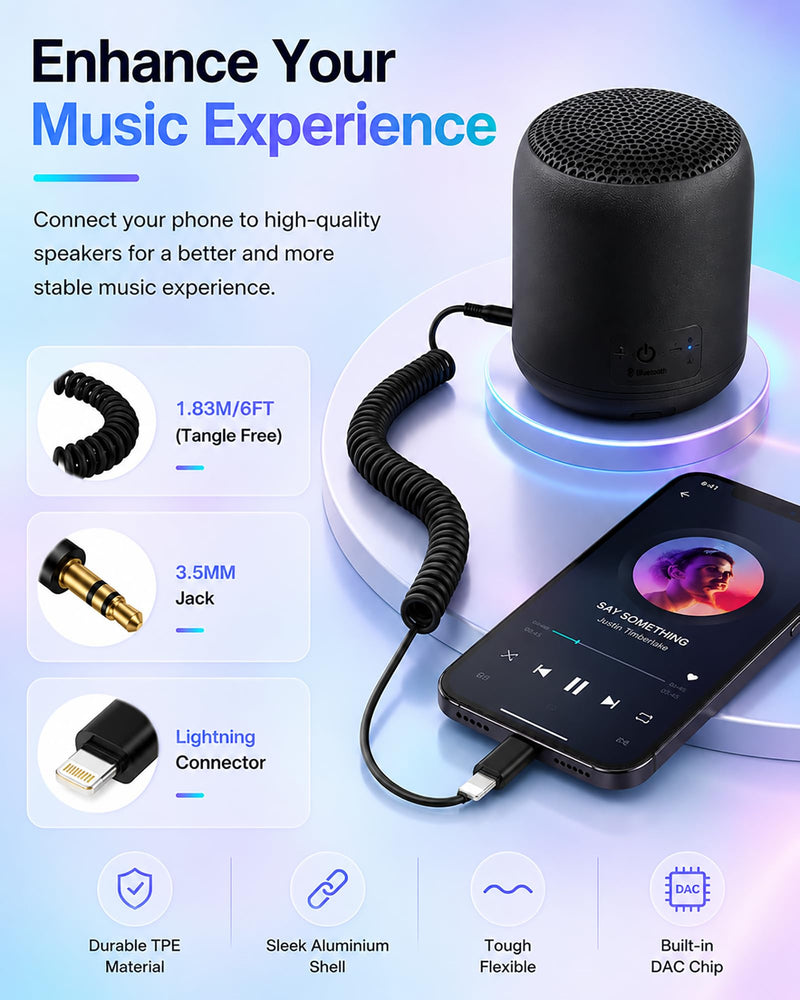 iPhone Aux Cord, Coiled Lightning to 3.5mm Ox Cable for Car Stereo Speaker | Lightening to 3.5mm Aux Jack, Retractable 6ft Lighting Auxiliary Car Stereo Auxiliar Ox Adaptador Audio Flexible for Apple