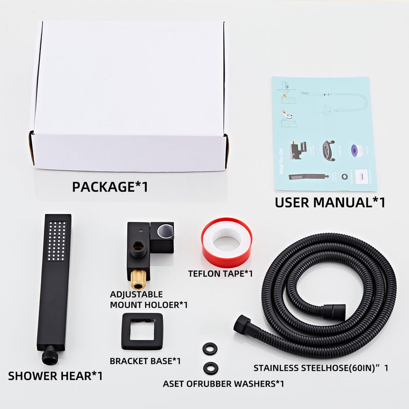 Bathroom Square Matte Black Solid Brass Hand Held Shower Head With Wall Connector and Hose System Wall Mount Handheld Showerheads Set