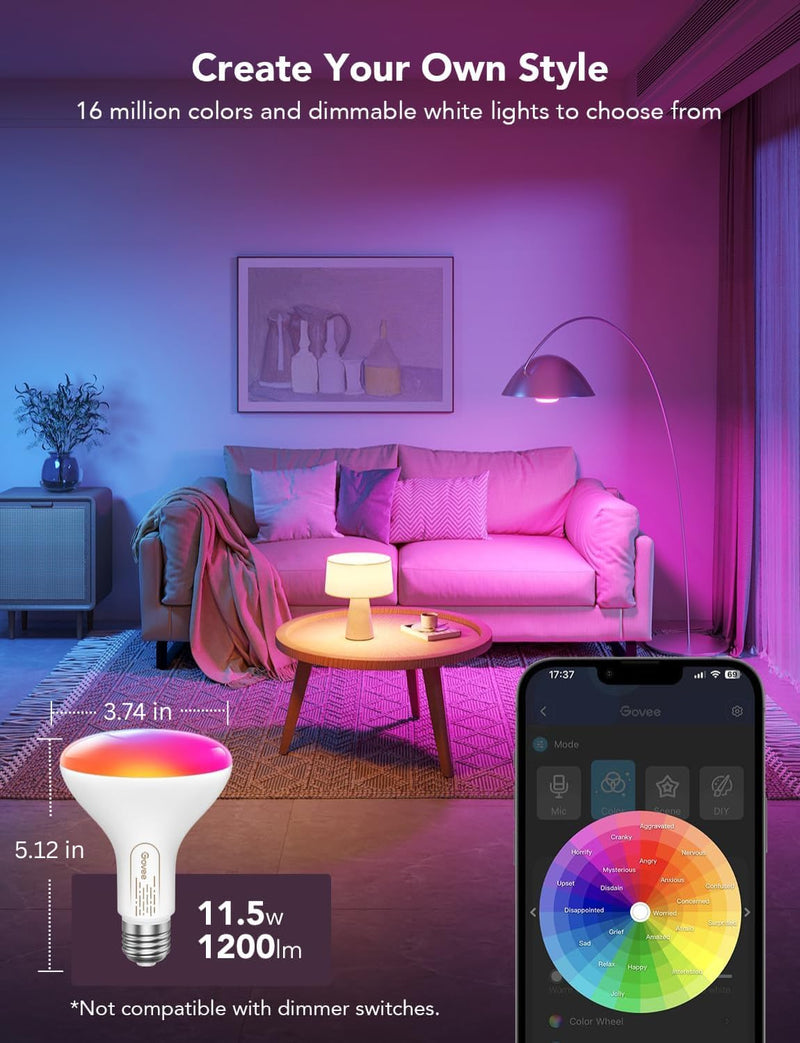 Govee Smart Light Bulbs, 1200 Lumens Dimmable BR30 Bulbs, RGBWW Color Changing Light Bulb, Flood Light Bulbs Work with Alexa, Google Assistant, WiFi & Bluetooth LED Bulbs, Music Sync, 2 Pack
