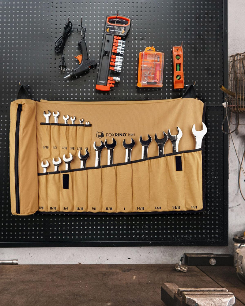 Foxrino Wrench Roll, Wrench Roll Up Pouch, 17-Pocket Heavy Duty Canvas Wrench Organizer Bag for Metric Combination Wrenches, Portable Tool Roll Bag, Gifts for Men for Fathers Day(Brown, 17+1 SAE) Brown