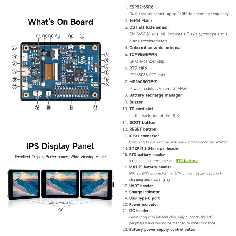Waveshare ESP32-S3 2.8inch Display Development Board, 480×640, IPS, 32-bit LX7 Dual-core Processor, Up to 240MHz Frequency, Supports Wi-Fi & BLT, ESP32 with Display, Without Touch Function