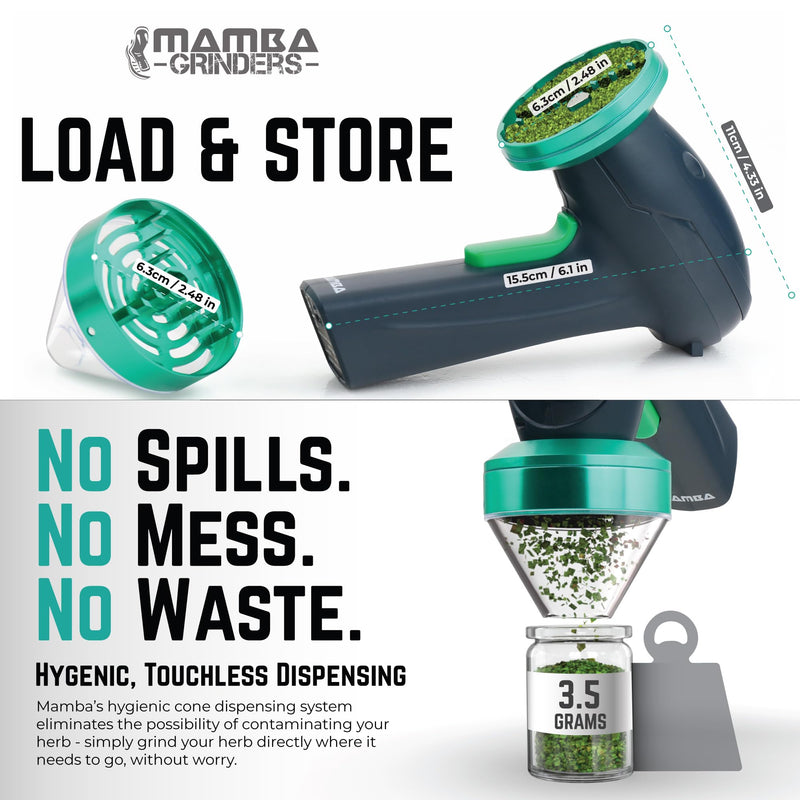 Mamba Monster 3.5g Green USB Electric Herb Grinder. Large Capacity Portable Metal Herbal Machine & Spice Mill for the Kitchen Anchor Gray & Green 63mm