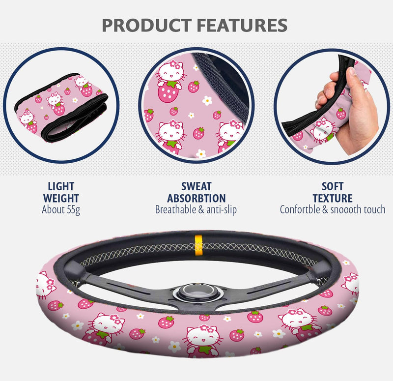 Kitty Accessories Car, Strawberry Pink Cat Wheel Cover, Y2K Car Accessories, Girly Steering Wheel Cover, Universal Fit 14.5-15 inch Auto SUV Vans Trucks, Anti-Slip and Sweat Absorption