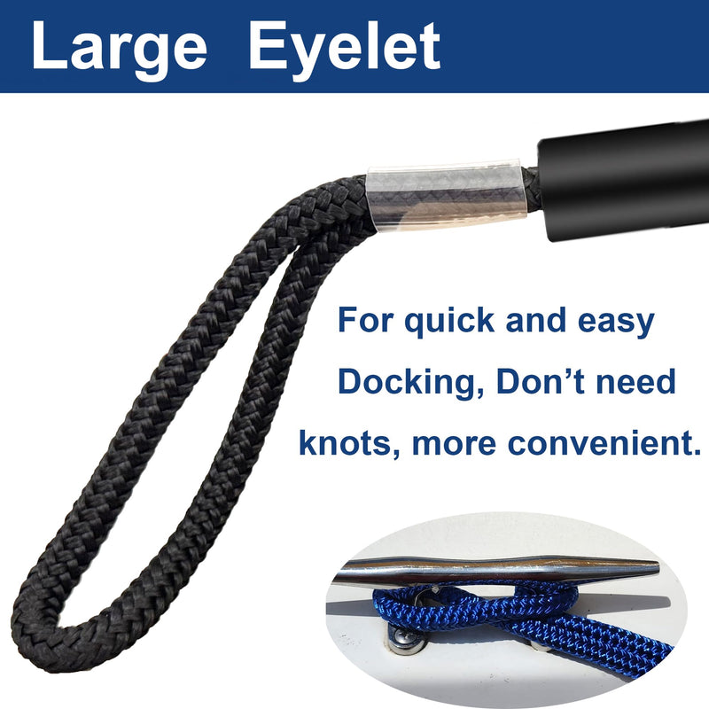 3/8" X 6ft Boat Dock Lines, Double-Braided Nylon Dock Line with 11" Eyelet. Boat Ropes Mooring Ropes, Boat Accessories for Yacht, Pontoon, Waverunner, Seadoo, Black 3/8" X 6ft 2 Pack