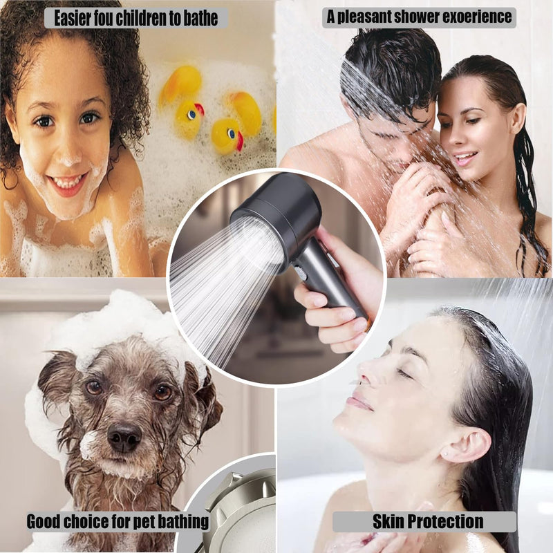 High Pressure Shower Head with Handheld, with Pause Switch 4 Spray Modes Water Saving Filter Showerhead, Showerhead Set with Hose, Bracket and Cotton Filter, Make Bathing Healthier (Grey) Gray
