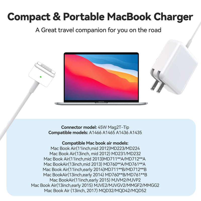 85W Mac Book Pro Charger T-Tip Mag 2 for Mac Book Pro 13/15-inch 2012-2017 | 13-inch, 15-inch and 17-inch laptop models, A1424, A1425, A1435, A1436, A1465, A146 85 Watts