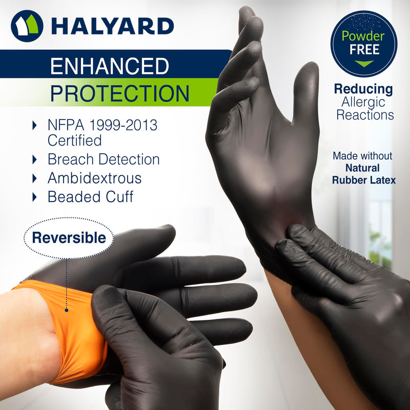 HALYARD Black-FIRE Nitrile Exam Gloves with Quick Check, 5.5 mil, 9.5 Inches, Black/Orange - Powder-Free Disposable Gloves Medium (Pack of 150)