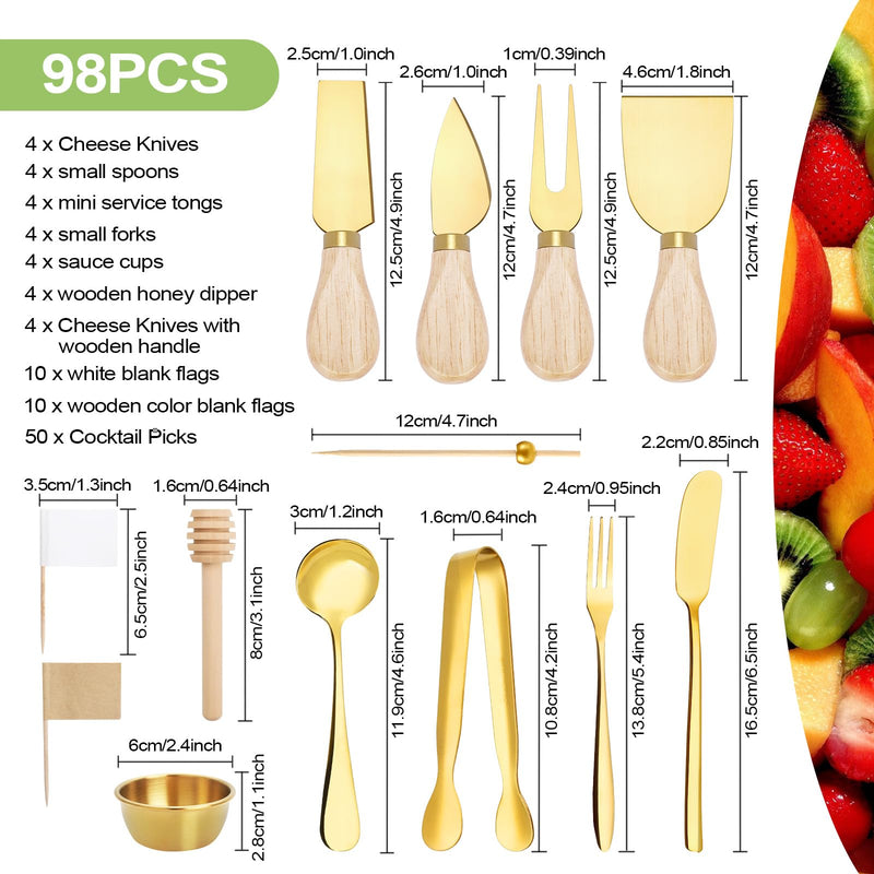 98 Pcs Charcuterie Board Accessories, Stainless Steel Cheese Spreaders with Wooden Handle Forks Spoons Mini Serving Tongs Honey Dippers Sauce Cups Toothpick Flags Charcuterie Utensils, Gold