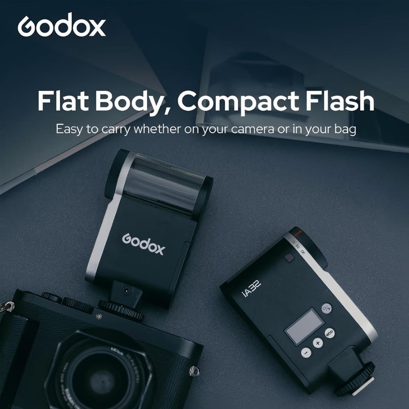 Godox iA32 Mini Automatic Flash for Canon Nikon Sony Fuji Cameras | GN15 Flash Output, Auto and Manual Modes, 8 Power Levels, 2.5s Recycling Time, 490 Flashes, Compact On-Camera Flash Design