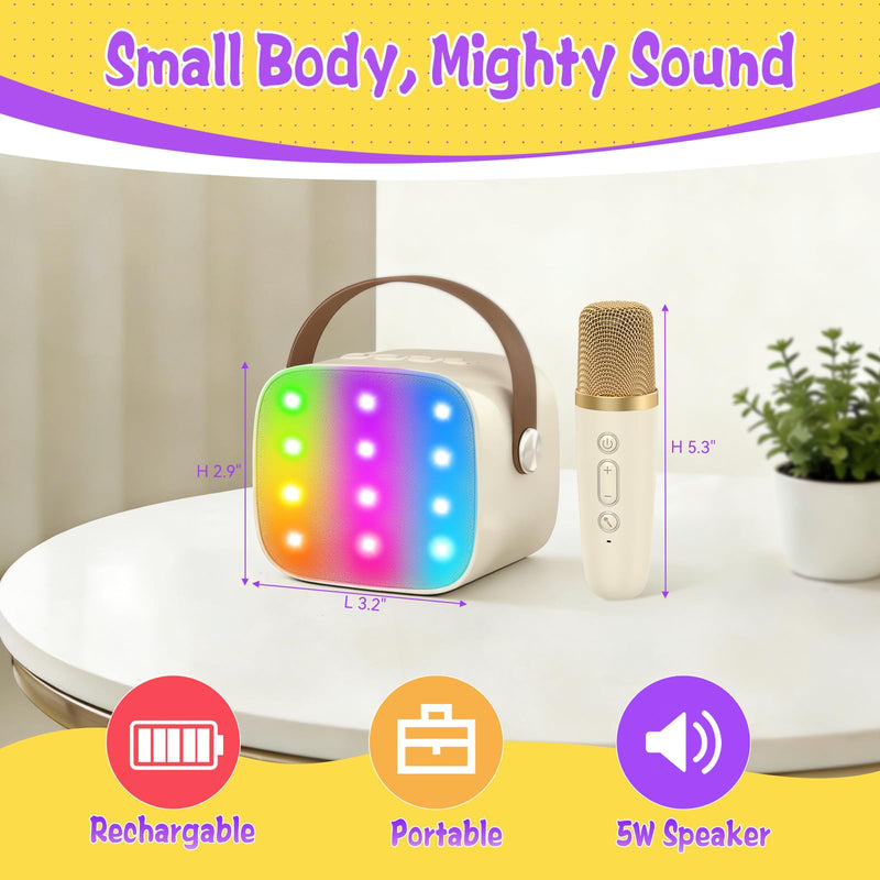 Mini Karaoke Machine,Funny Toys Christmas Birthday Gifts for Kids Age 4-12 Girls,Boys,Adults,MEGUO Karaoke Microphone Toys for 4,5,6,7,8,9,10,11,12+ Year Old Girls Boys (Beige2-LED) Beige2-LED