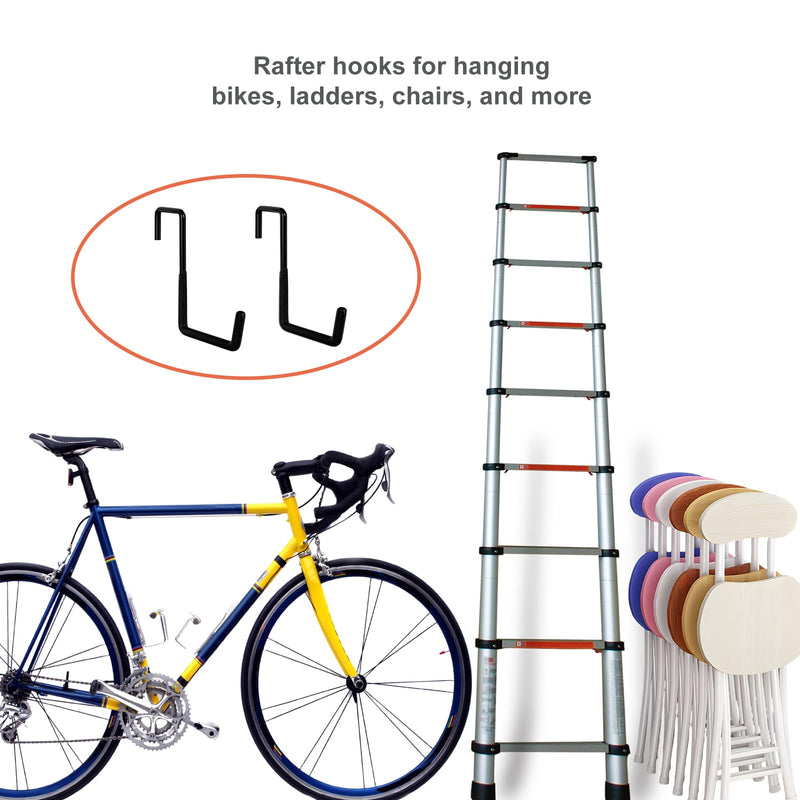 4 Pcs Rafter Hooks, Upgraded Fence Hangers, Heavy Duty Bike Hanger for Garage, Ladder Hook, Black Large S Hooks for Hanging Hose, Plants, Chairs, Bikes, Ladders, Cords and More 4Pcs garage hangers